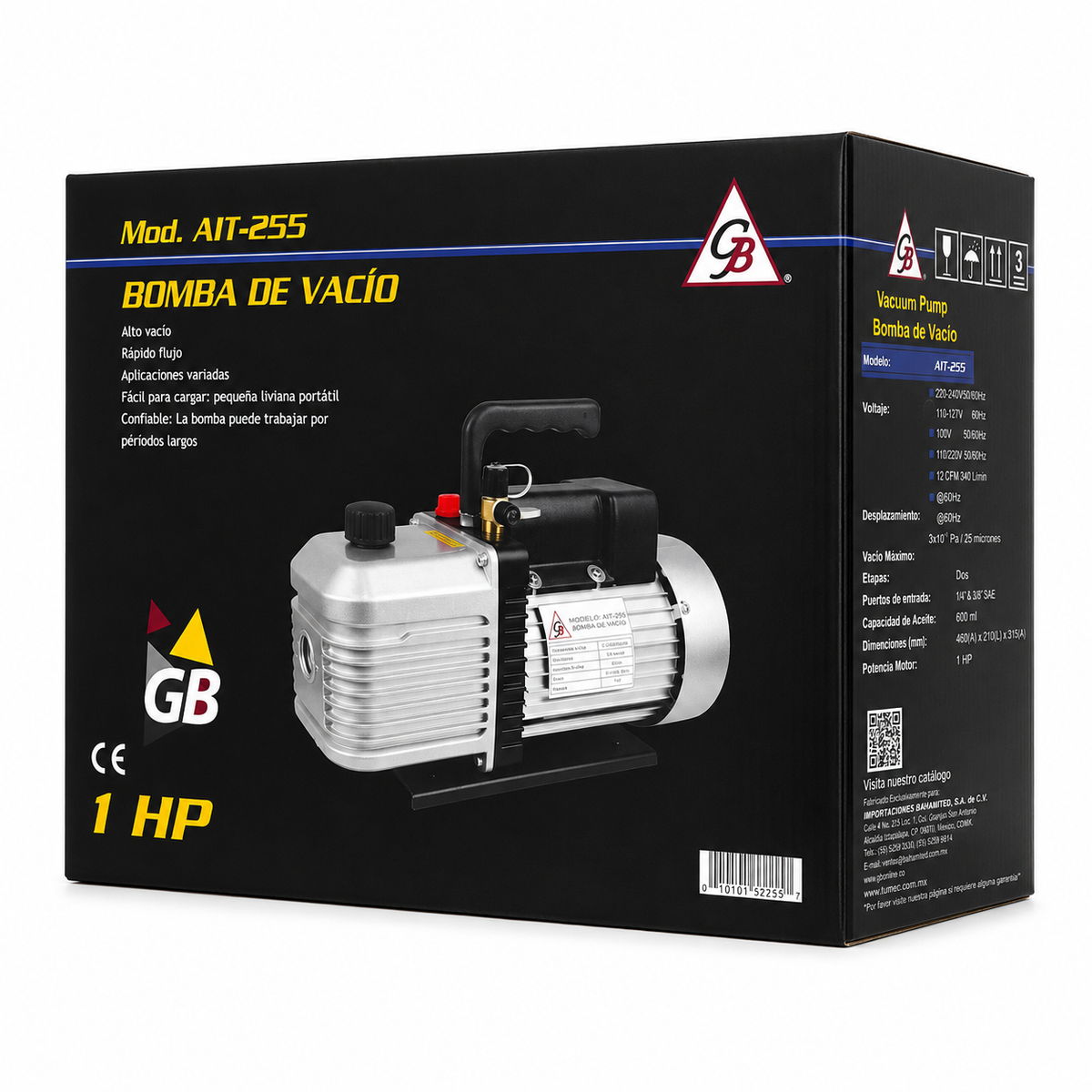 Bomba de vacío AIT-255 de 1 HP, 2 etapas, 12 CFM. Vacío máximo de 25 micrones. Puertos 1/4" y 3/8" SAE. Voltaje universal 110-240V. Uso profesional.