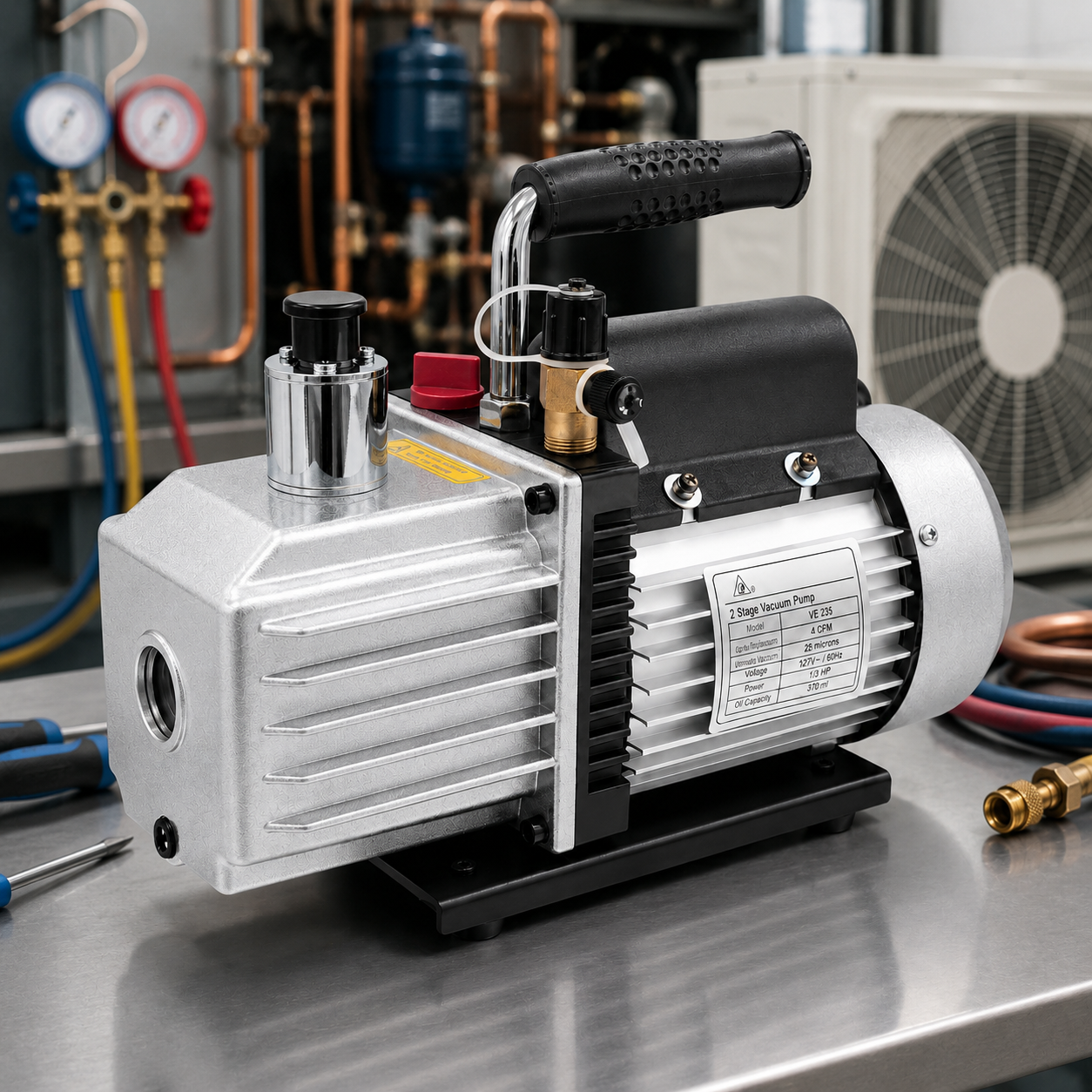 Bomba de vacío VE-235 de 1/3 HP, 2 etapas, 4 CFM. Vacío máximo de 25 micrones. Compatible con R-22, R-32, R-410A y R-404A. Uso profesional.