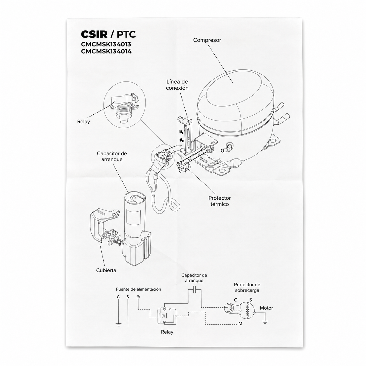 Compresor Sikelan R134a M/HBP de 1/3 HP con capacitor, relevador, gomas y herrajes de montaje