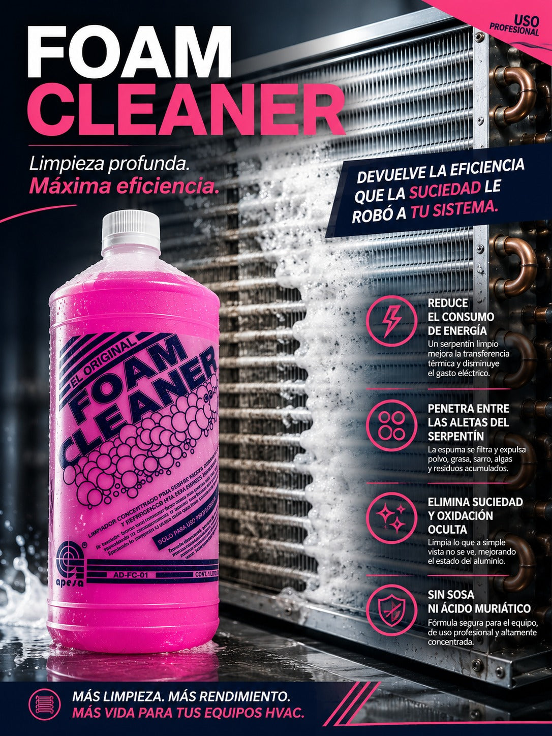 Foam Cleaner Adesa 1 litro — limpiador concentrado de alta espuma para serpentines de aire acondicionado y refrigeración comercial, uso profesional México.