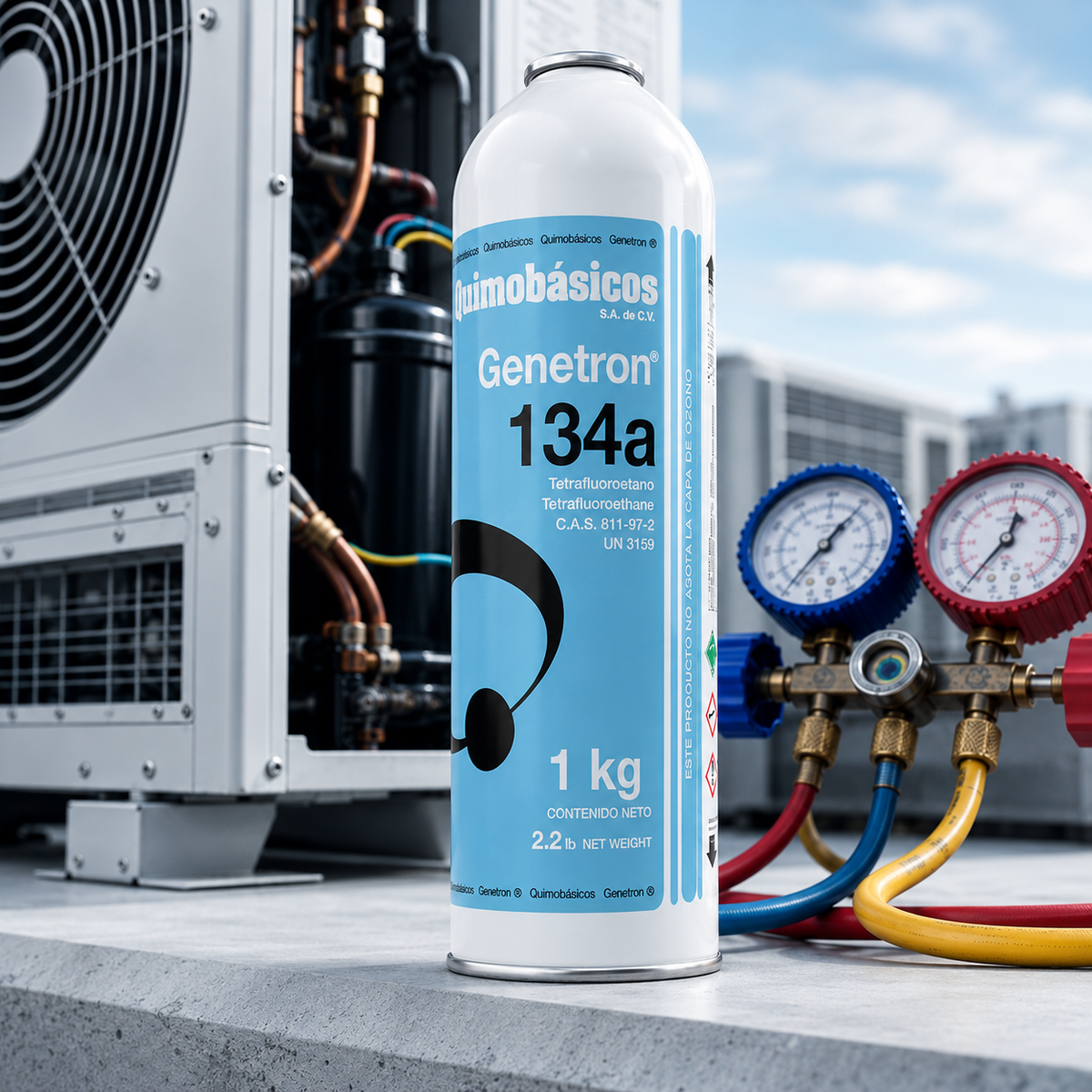 Gas refrigerante R-134a Genetron 1 kg Quimobásicos — para refrigeración automotriz y comercial, con manifold de presiones.