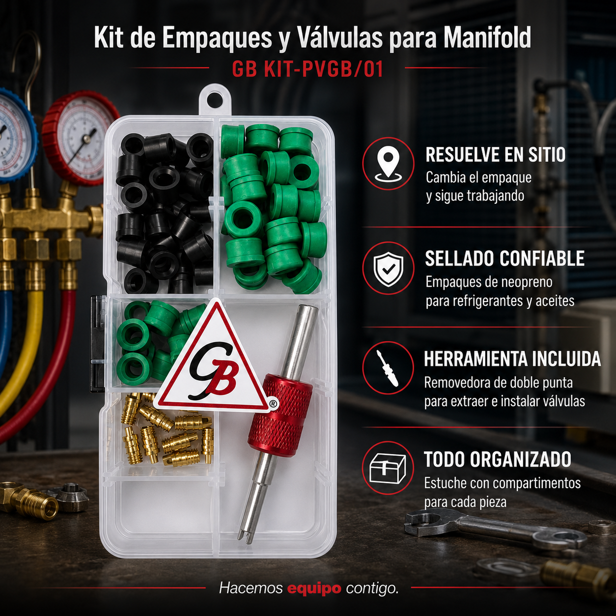 Kit GB KIT-PVGB/01 de empaques y válvulas para manifold de A/C: 91 piezas con válvulas pivote, bronce, empaques de neopreno y herramienta removedora.