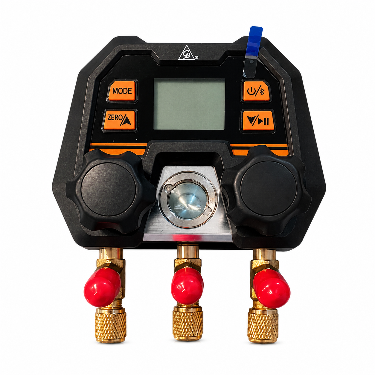 Manifold digital GB DMGB-100 con Bluetooth y app. Rango -14 a 800 psi, vacío, retención de presión y +100 refrigerantes actualizables. Incluye estuche.