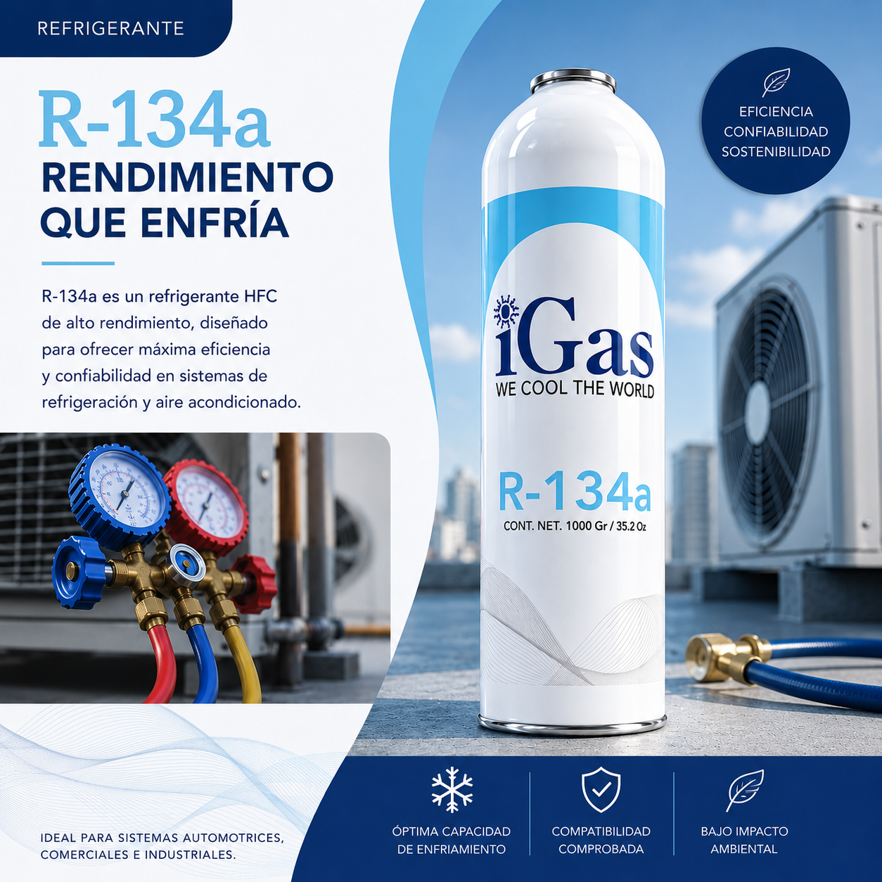 Gas refrigerante R-134a iGas 1 kg — para refrigeración automotriz y comercial, ODP cero, alta pureza