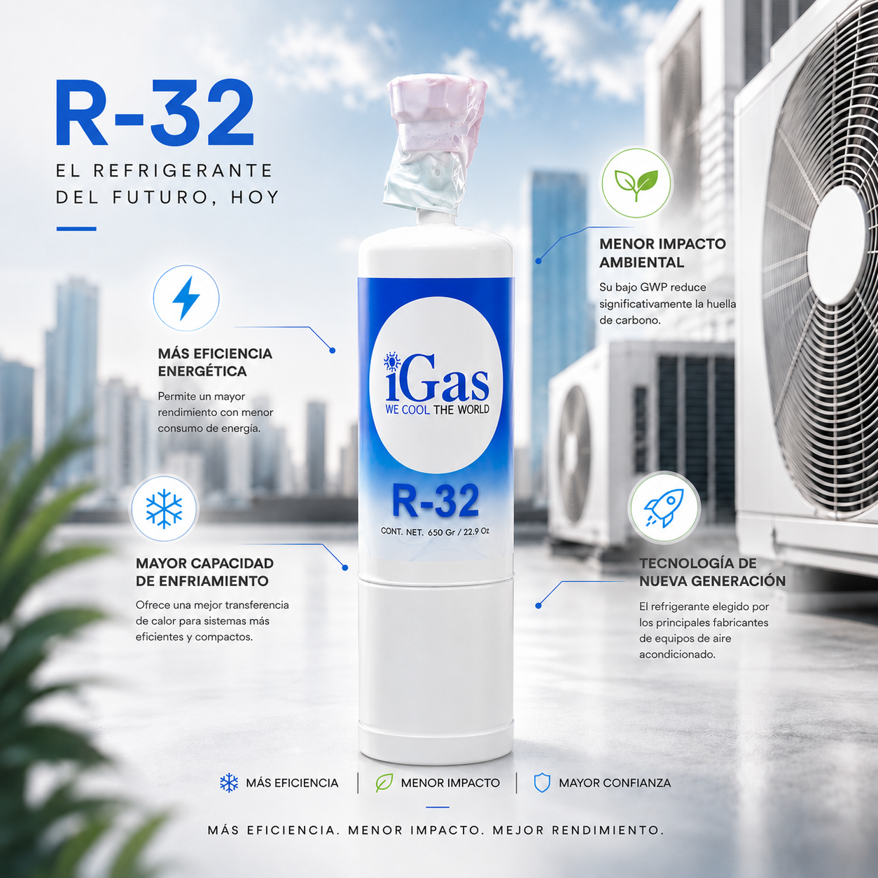 Gas refrigerante R-32 iGas 650 gr — refrigerante de nueva generación para minisplits inverter Daikin, LG, Mitsubishi y Samsung, bajo GWP, México