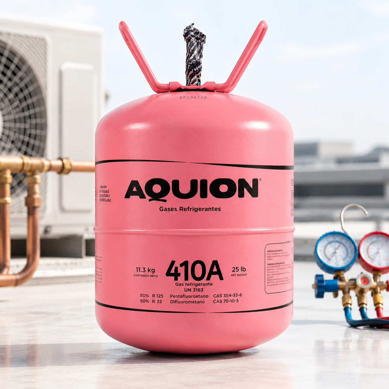 Gas refrigerante R-410A Aquion cilindro 11.3 kg / 25 lb, mezcla HFC R-125 y R-32, uso profesional en aire acondicionado