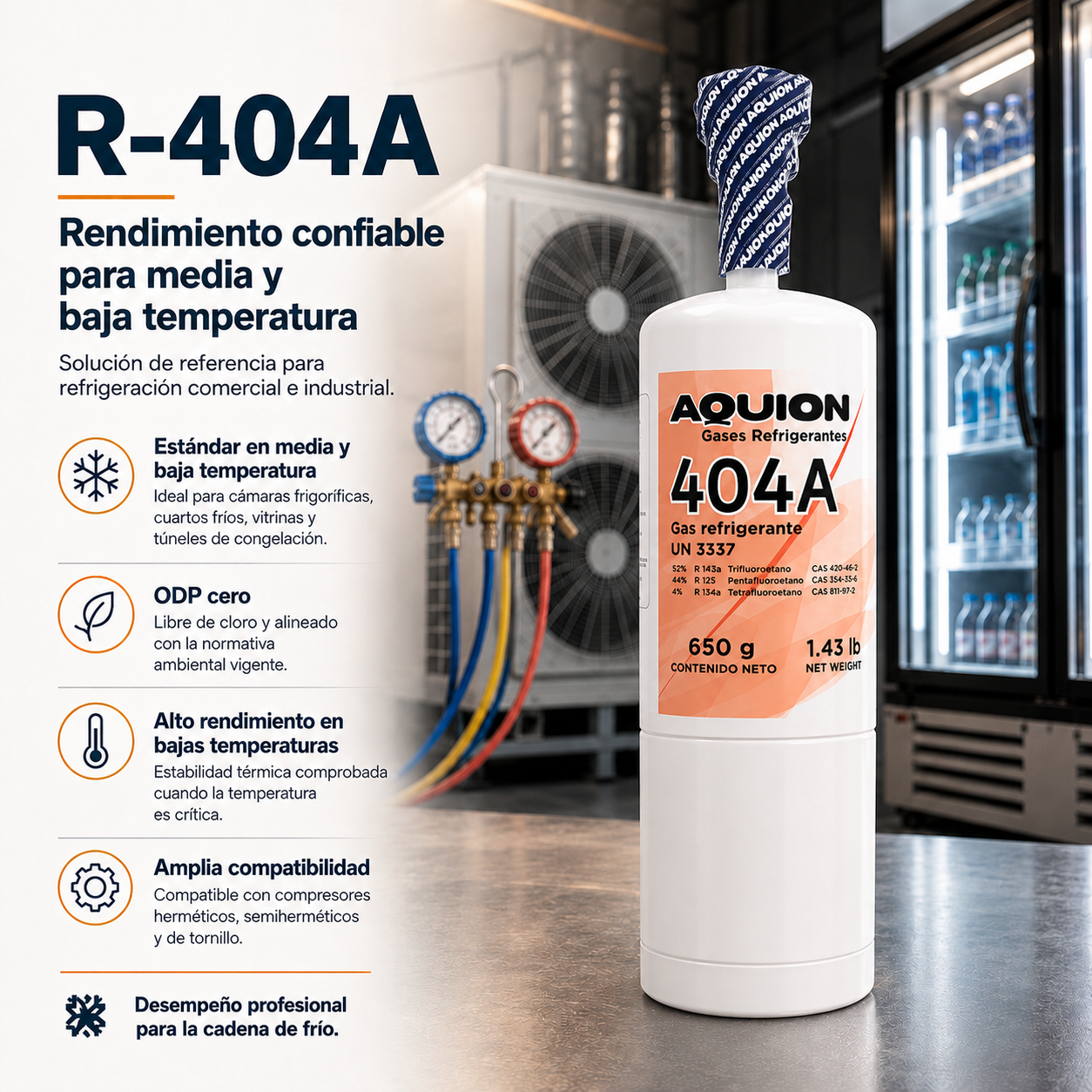 Gas refrigerante R-404A Aquion, lata individual 650 g / 1.43 lb, mezcla HFC R-125, R-143a y R-134a