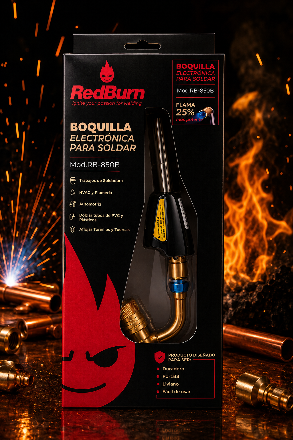 Boquilla electrónica para soldar Red Burn RB-850B — soplete para soldadura HVAC, plomería y automotriz, flama 25% más potente, encendedor electrónico, gira 360°