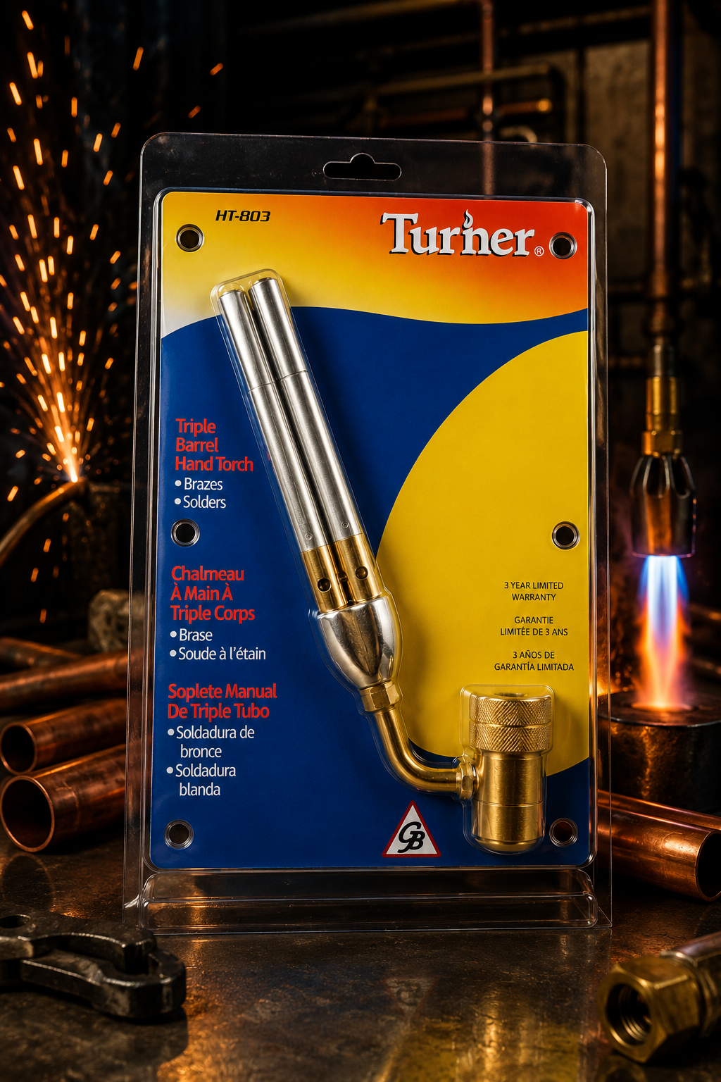 Soplete manual de triple tubo Turner HT-803 — para soldadura de bronce y blanda en sistemas de refrigeración, aire acondicionado y plomería, garantía 3 años