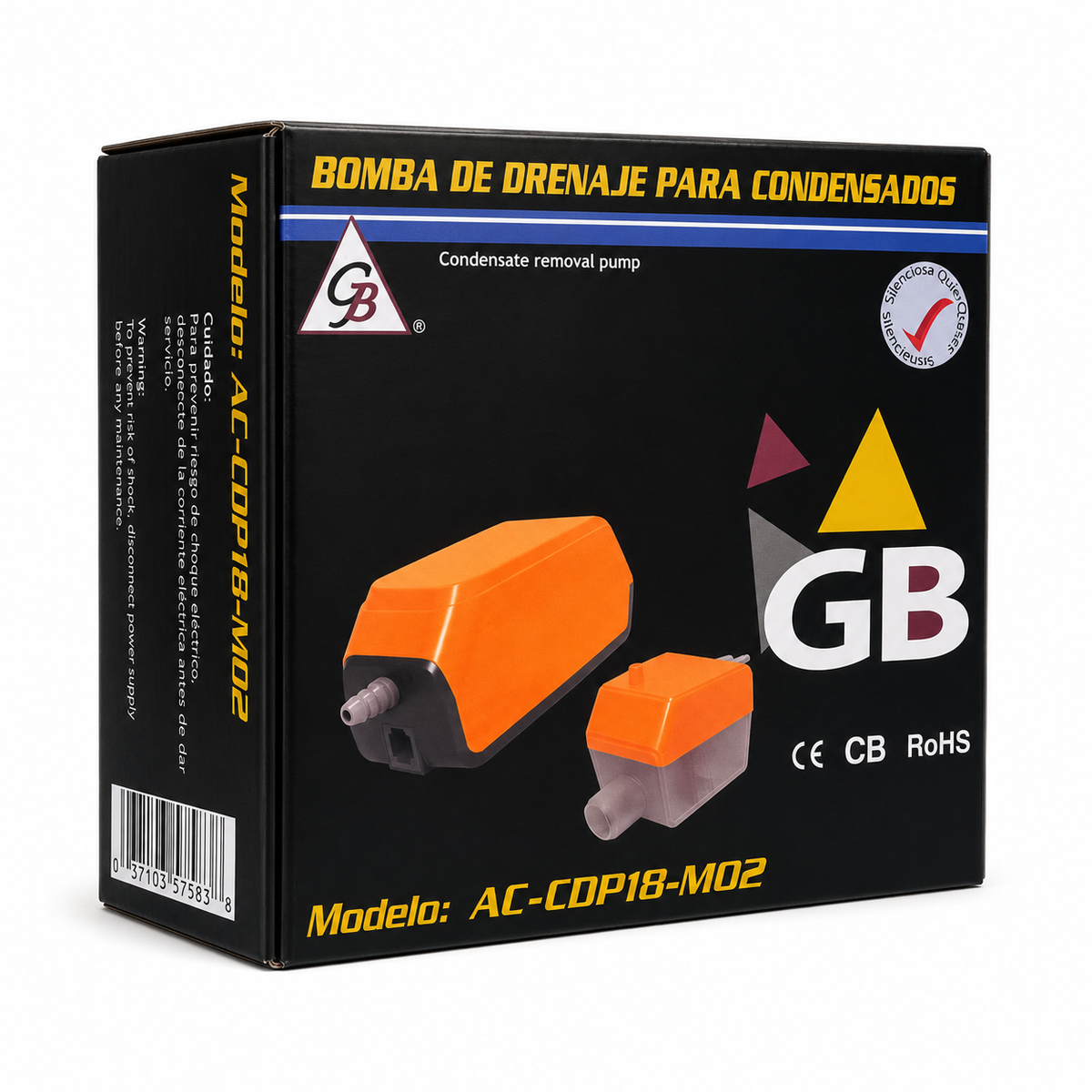Mini bomba de condensados GB AC-CDP18-MO2 para minisplit hasta 30,000 BTU. Descarga 10 m, flujo 18 L/h y solo 19 dB. Incluye tanque con sensor y accesorios.
