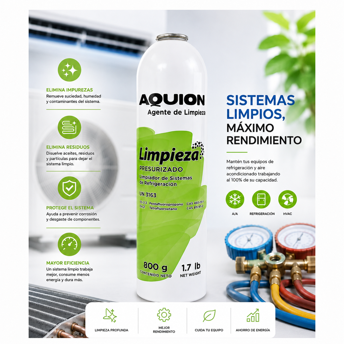 Agente de limpieza presurizado Aquion 800 gr — limpiador flush para sistemas de refrigeración y aire acondicionado, circuitos y componentes