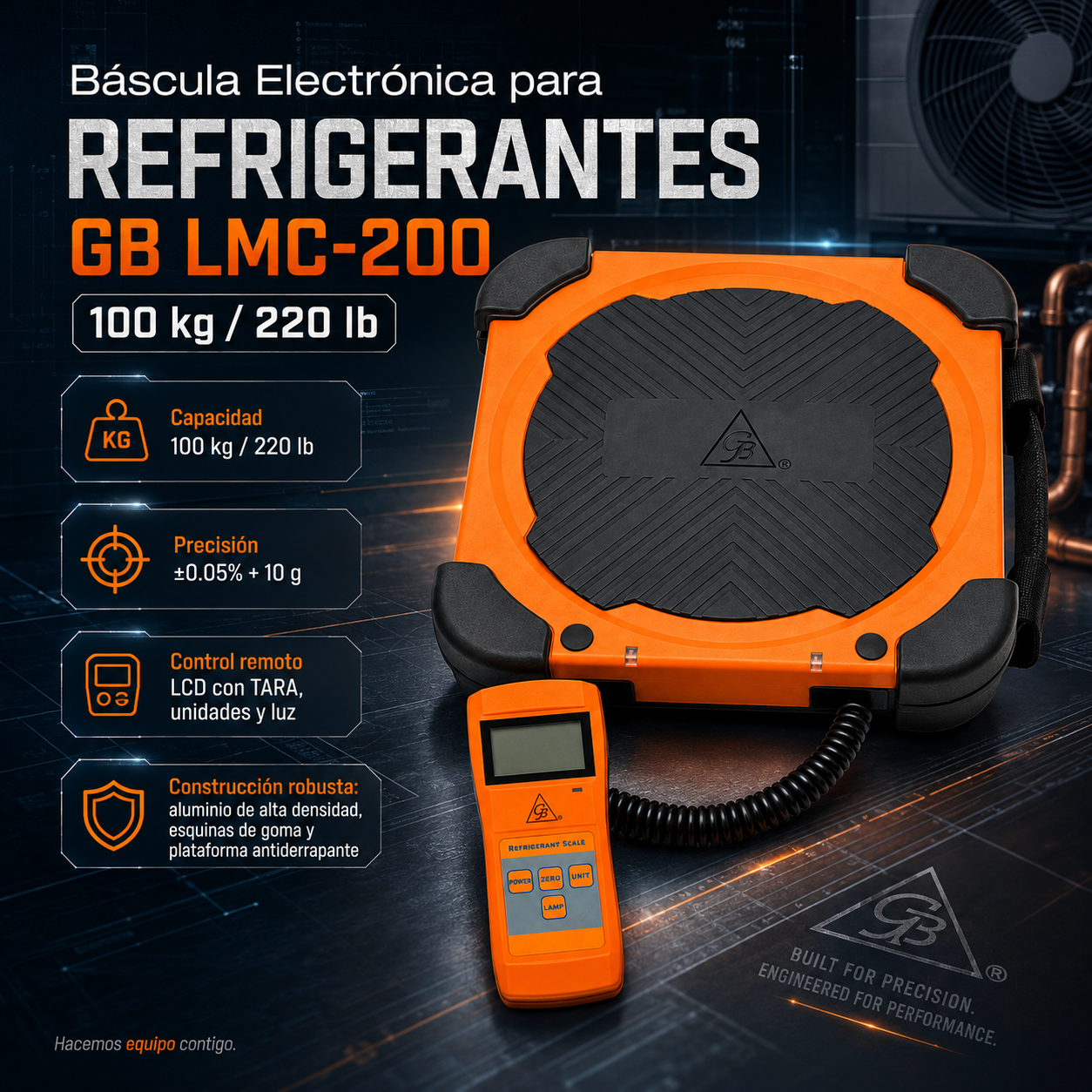 Báscula electrónica GB LMC-200 para carga de refrigerante. Capacidad 100 kg, resolución de 5 g, control remoto con pantalla y maletín. Certificación NOM.