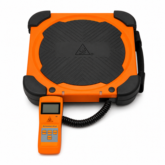 Báscula electrónica GB LMC-200 para carga de refrigerante. Capacidad 100 kg, resolución de 5 g, control remoto con pantalla y maletín. Certificación NOM.