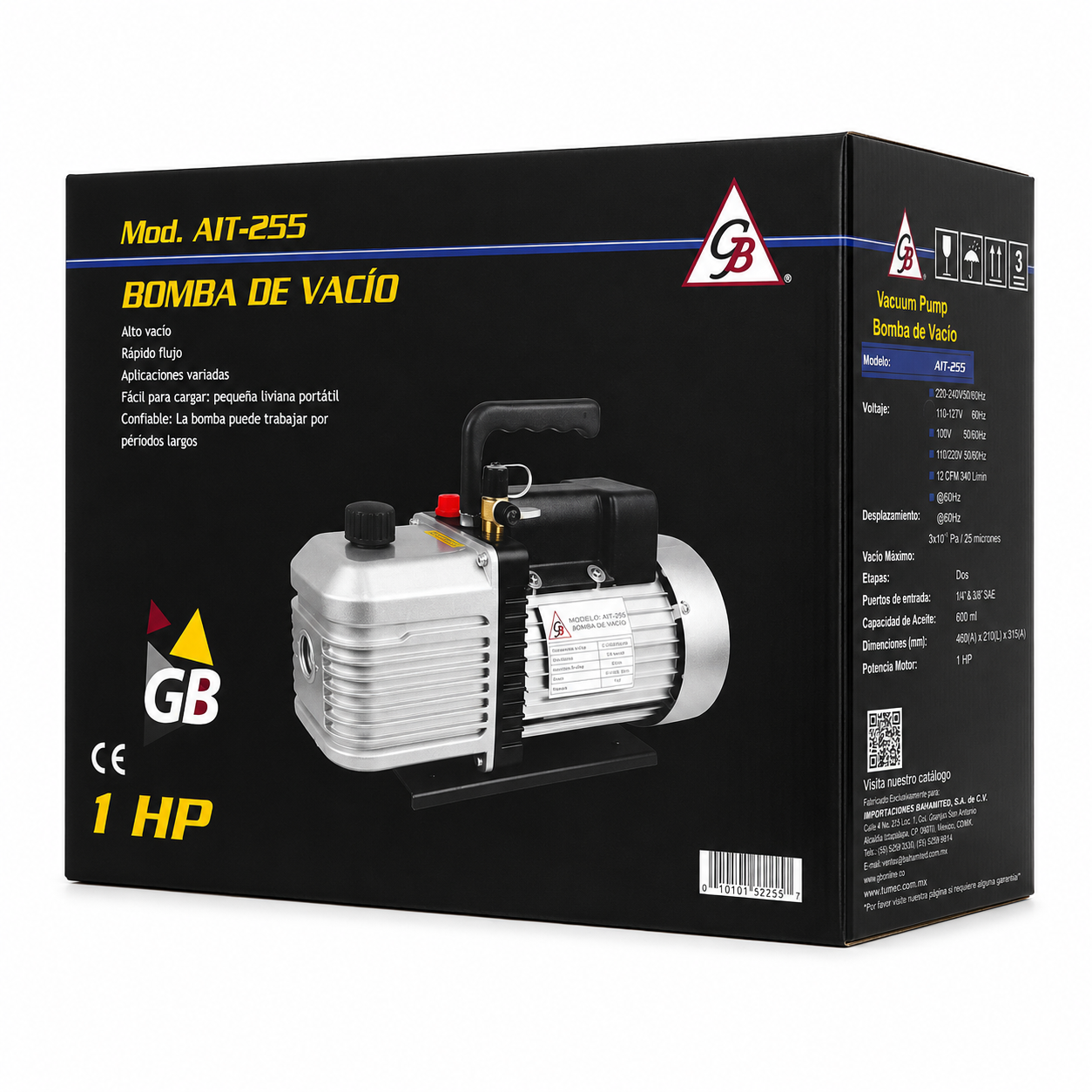 Bomba de vacío AIT-255 de 1 HP, 2 etapas, 12 CFM. Vacío máximo de 25 micrones. Puertos 1/4" y 3/8" SAE. Voltaje universal 110-240V. Uso profesional.
