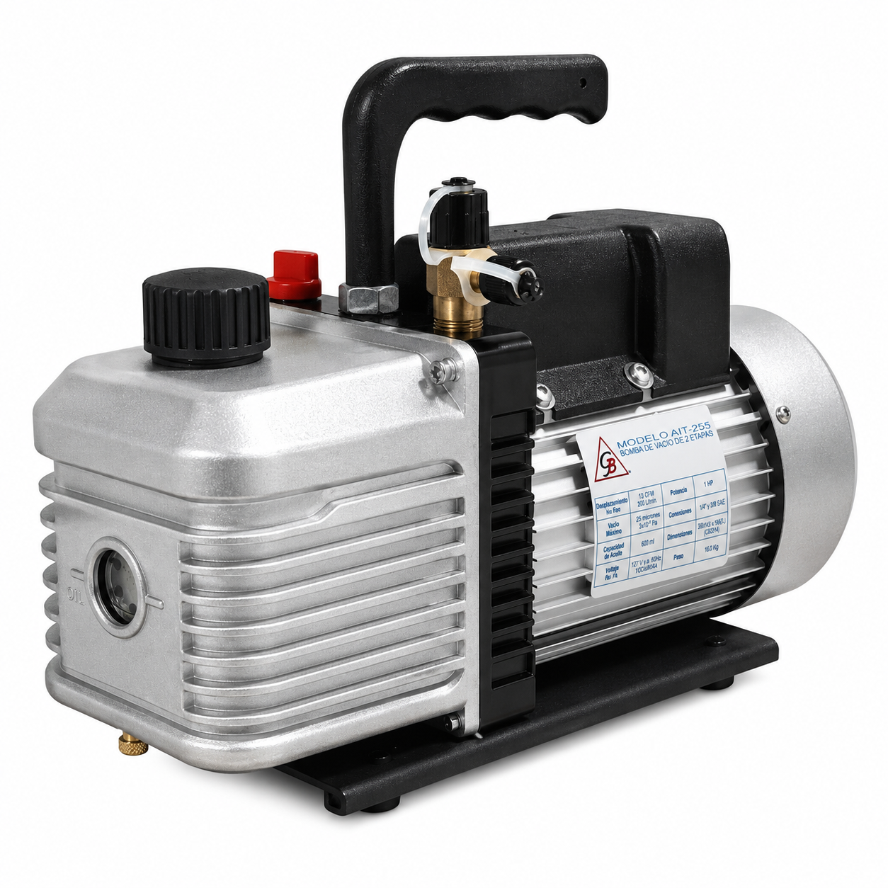Bomba de vacío AIT-255 de 1 HP, 2 etapas, 12 CFM. Vacío máximo de 25 micrones. Puertos 1/4" y 3/8" SAE. Voltaje universal 110-240V. Uso profesional.
