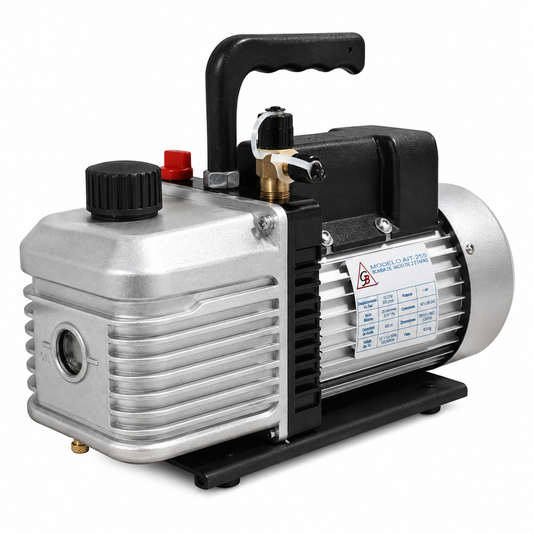 Bomba de vacío AIT-255 de 1 HP, 2 etapas, 12 CFM. Vacío máximo de 25 micrones. Puertos 1/4" y 3/8" SAE. Voltaje universal 110-240V. Uso profesional.

