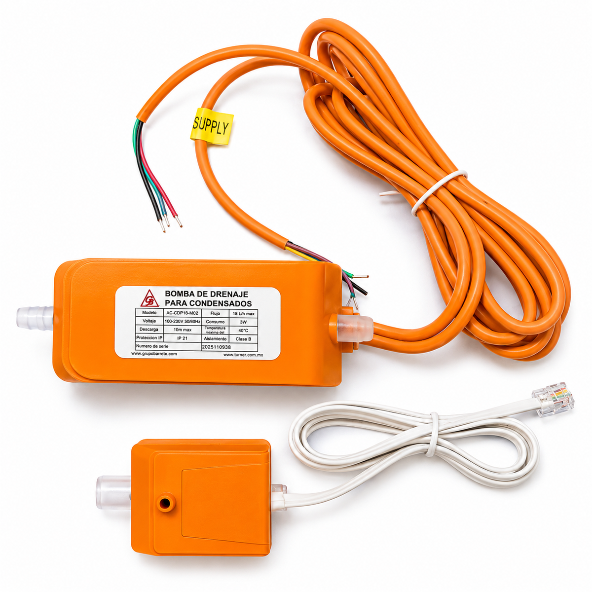 Mini bomba de condensados GB AC-CDP18-MO2 para minisplit hasta 30,000 BTU. Descarga 10 m, flujo 18 L/h y solo 19 dB. Incluye tanque con sensor y accesorios.