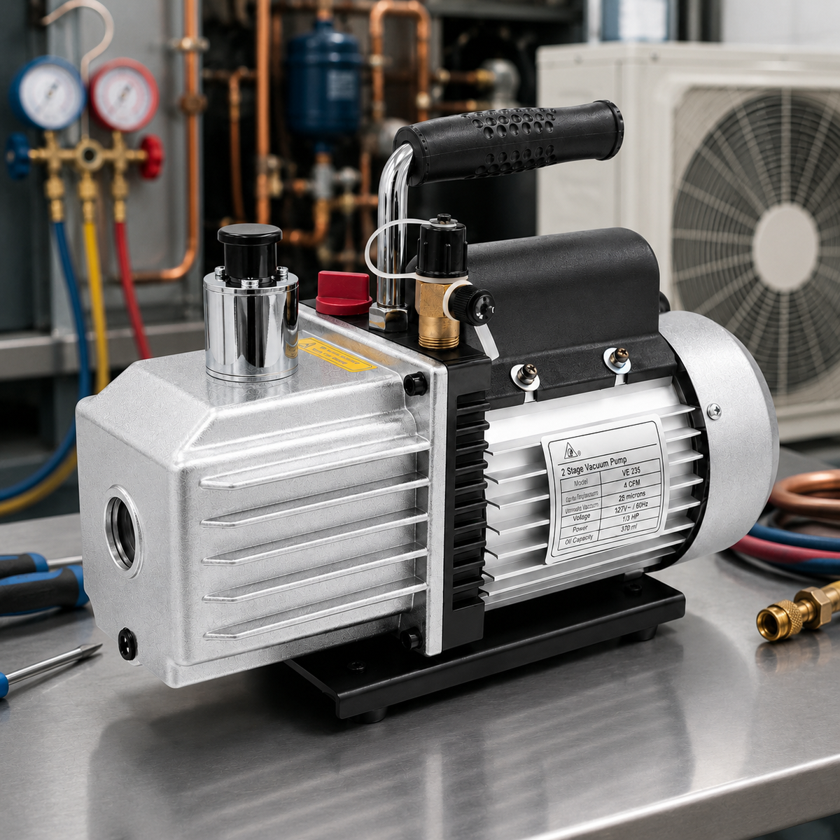 Bomba de vacío VE-235 de 1/3 HP, 2 etapas, 4 CFM. Vacío máximo de 25 micrones. Compatible con R-22, R-32, R-410A y R-404A. Uso profesional.