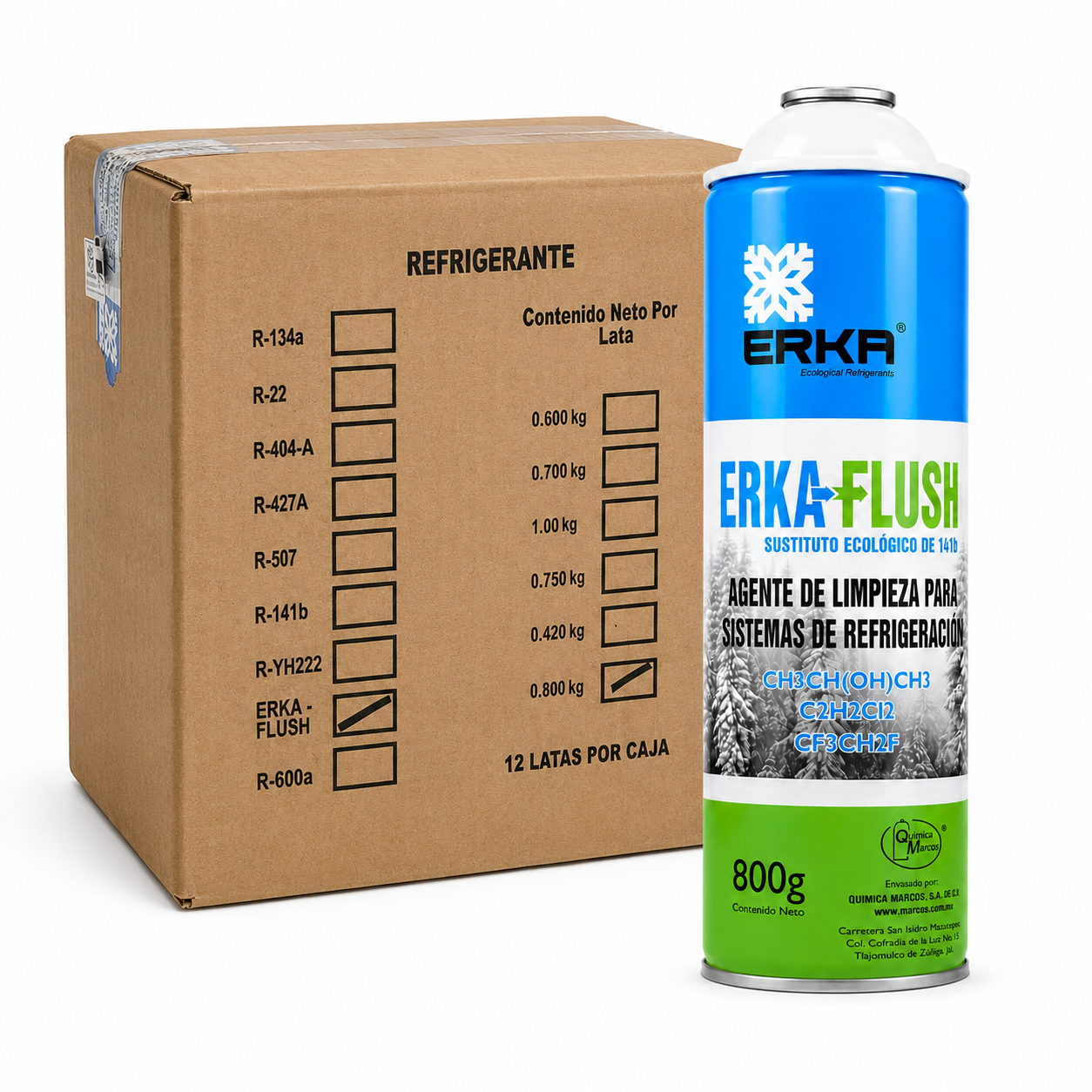 Erka Flush 800 gr — agente de limpieza ecológico para sistemas de refrigeración y aire acondicionado, sustituto R-141b, ODP nulo, bajo GWP, México