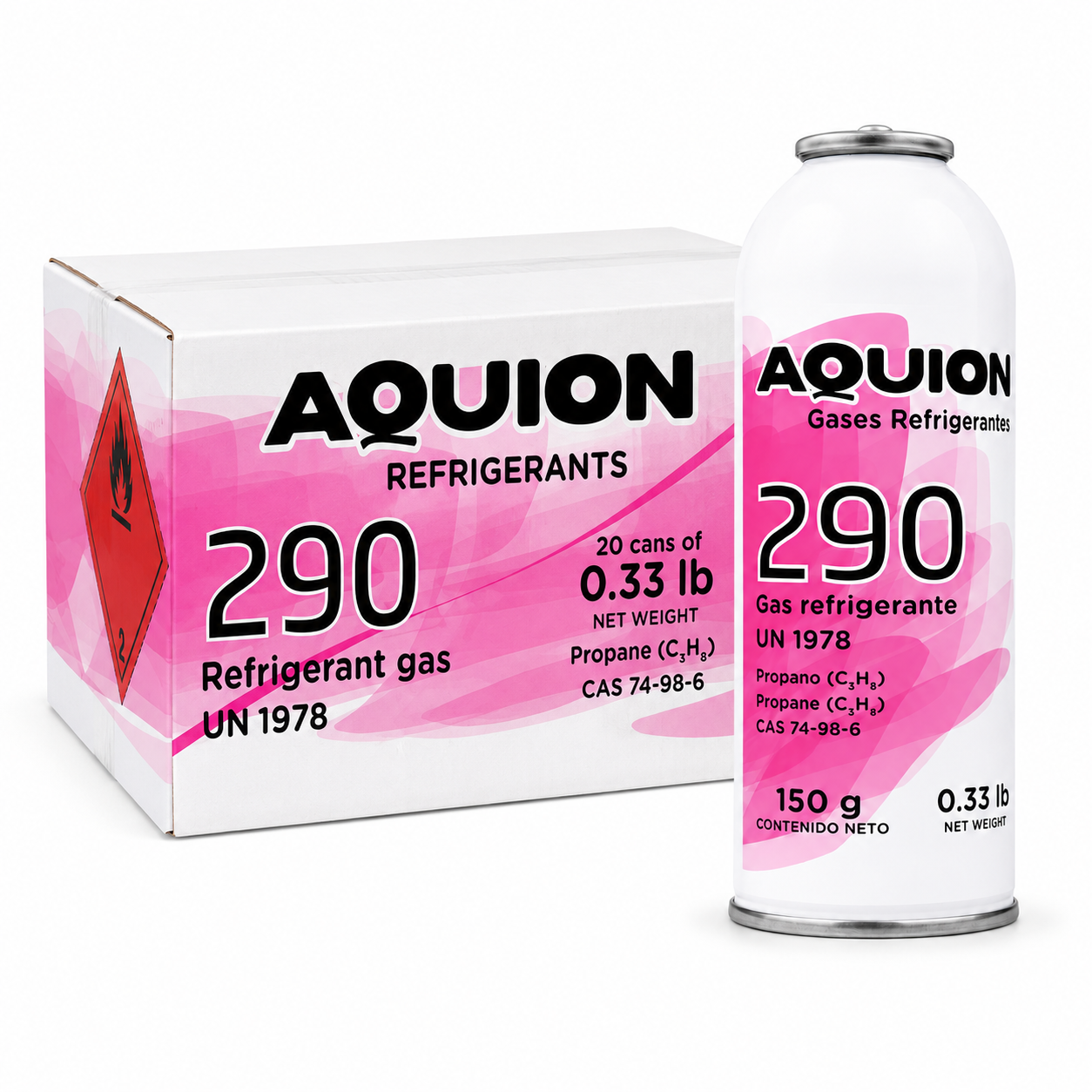 Gas refrigerante R-290 propano Aquion 150g, lata individual con caja de 20 unidades, etiqueta de inflamable