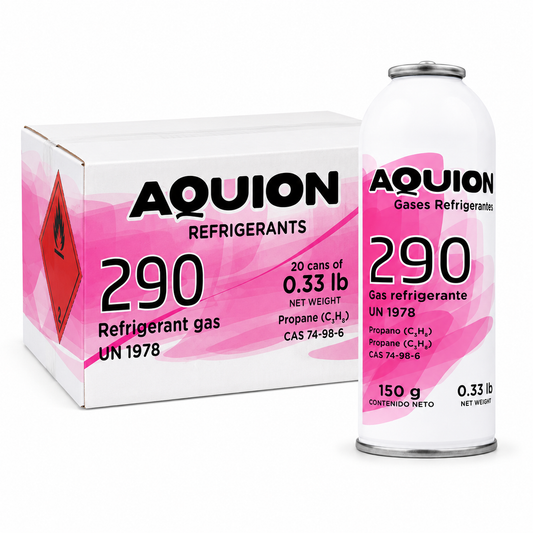 Gas refrigerante R-290 propano Aquion 150g, lata individual con caja de 20 unidades, etiqueta de inflamable
