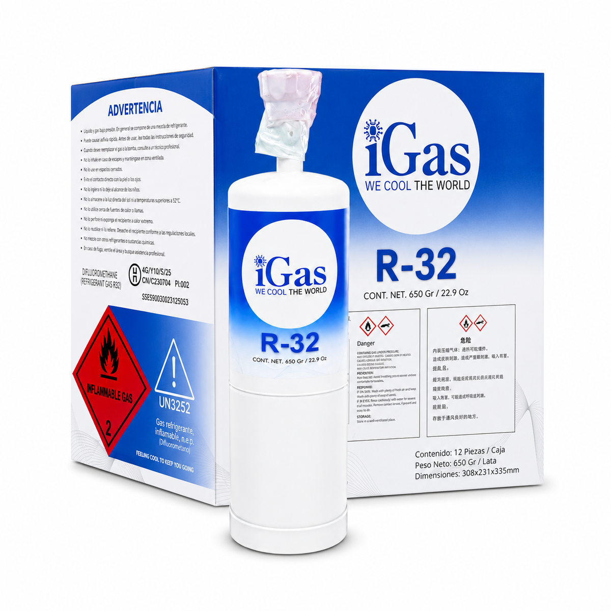 Gas refrigerante R-32 iGas 650g, lata individual con caja de 12 piezas, etiqueta de gas inflamable