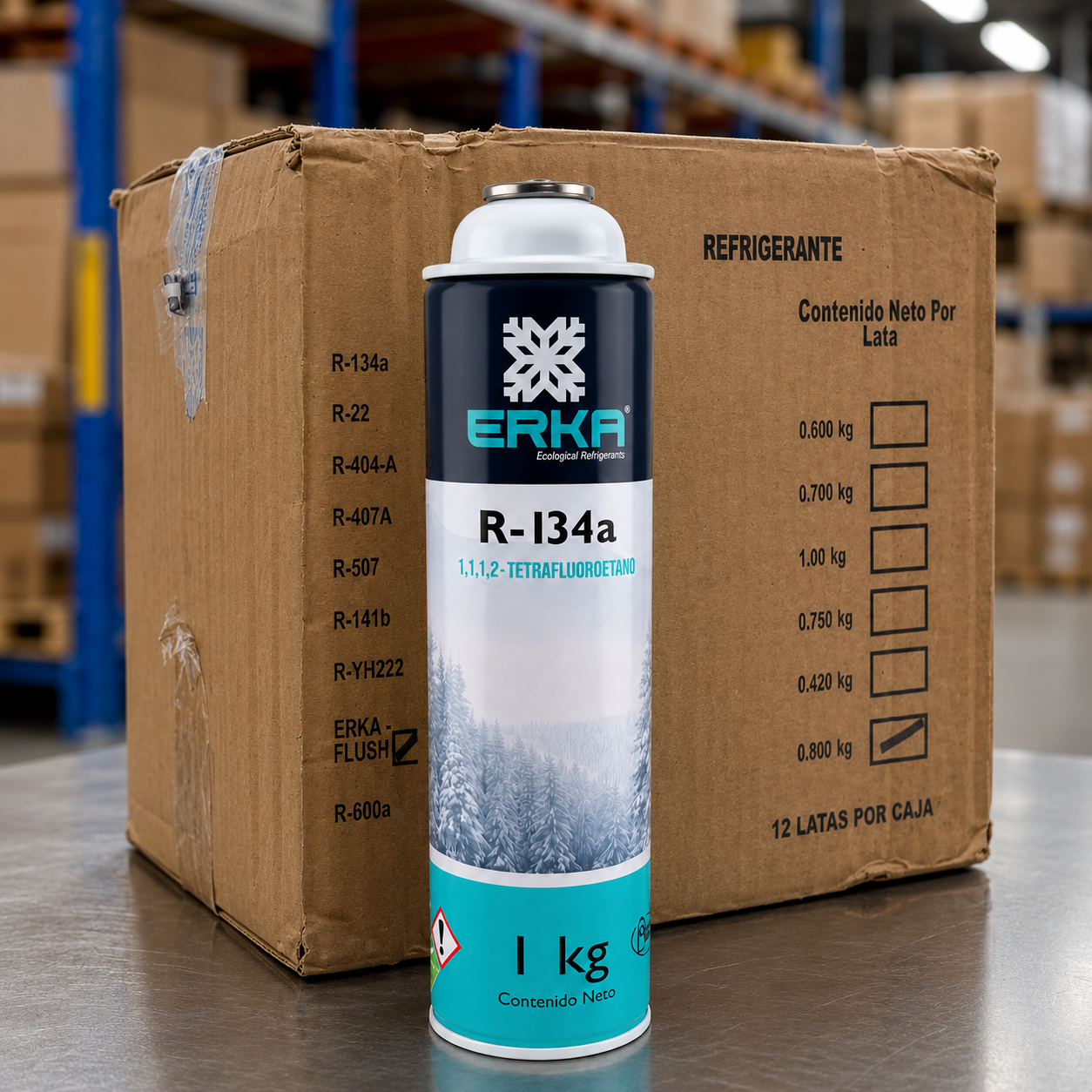 Caja de gas refrigerante R-134a Erka 1 kg, alta pureza y ODP cero, para sistemas de aire acondicionado automotriz 