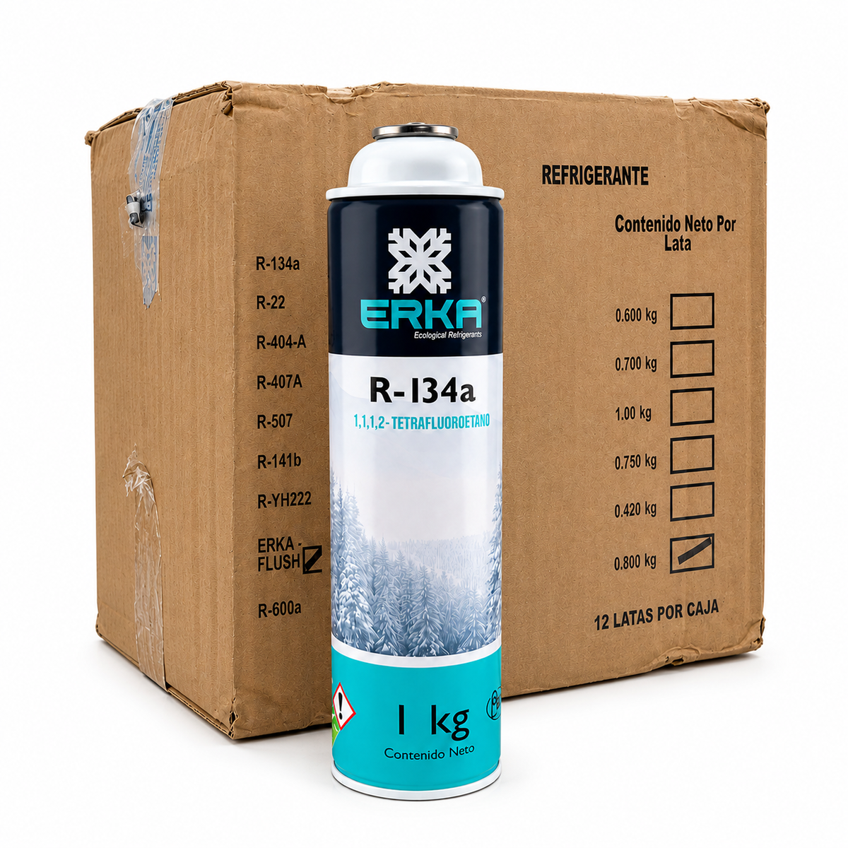 Gas refrigerante R-134a Erka, alta pureza y ODP cero. Caja de 12 latas de 1 kg. Ideal para A/C automotriz, residencial, comercial e industrial.