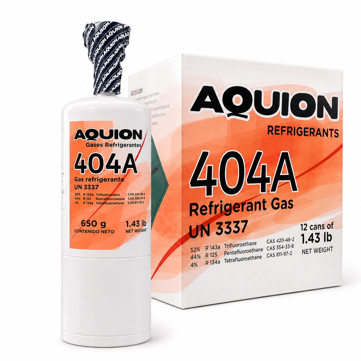 Caja de Gas refrigerante R-404A Aquion 650 g, caja de 12 unidades, uso profesional en refrigeración y aire acondicionado
