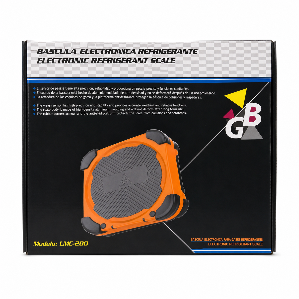 Báscula electrónica GB LMC-200 para carga de refrigerante. Capacidad 100 kg, resolución de 5 g, control remoto con pantalla y maletín. Certificación NOM.