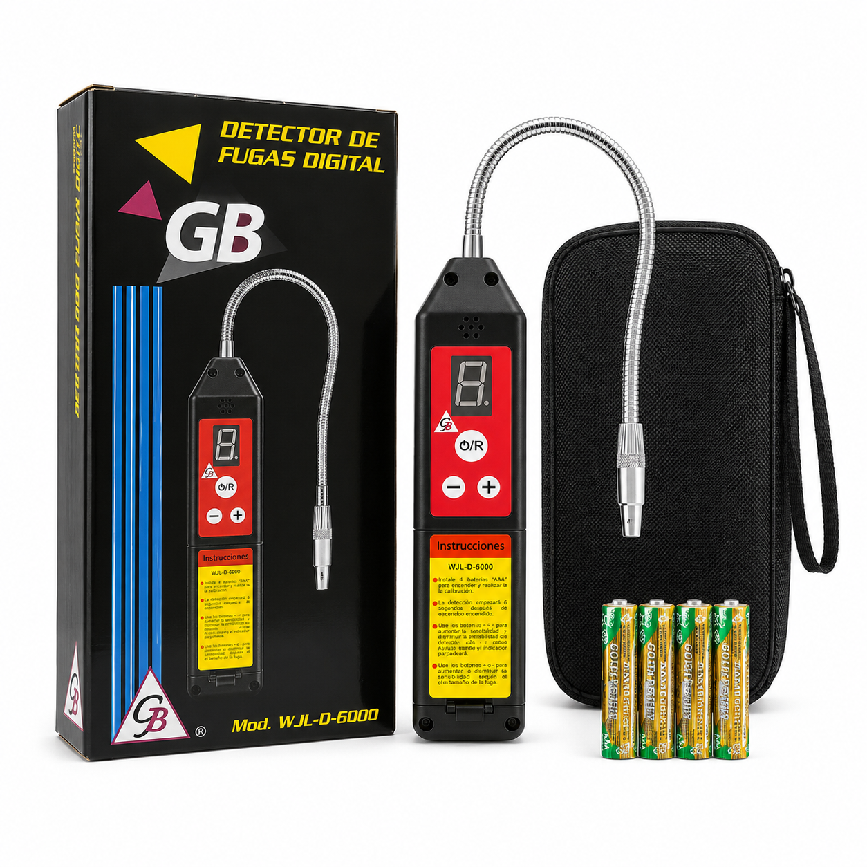 Detector de fugas digital GB WJL-D-6000 con sonda flexible, estuche y baterías AAA incluidas