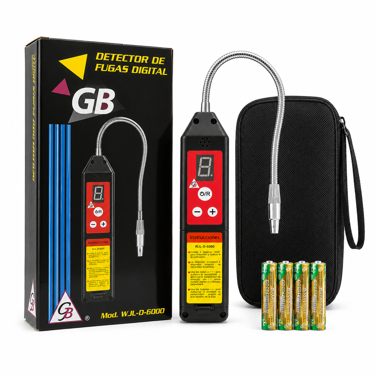 Detector de fugas digital GB WJL-D-6000 con sonda flexible, estuche y baterías AAA incluidas
