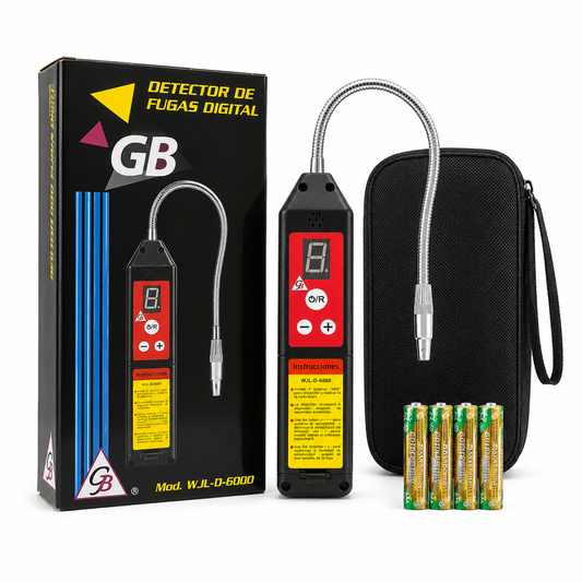 Detector de fugas digital GB WJL-D-6000 con sonda flexible, estuche y baterías AAA incluidas