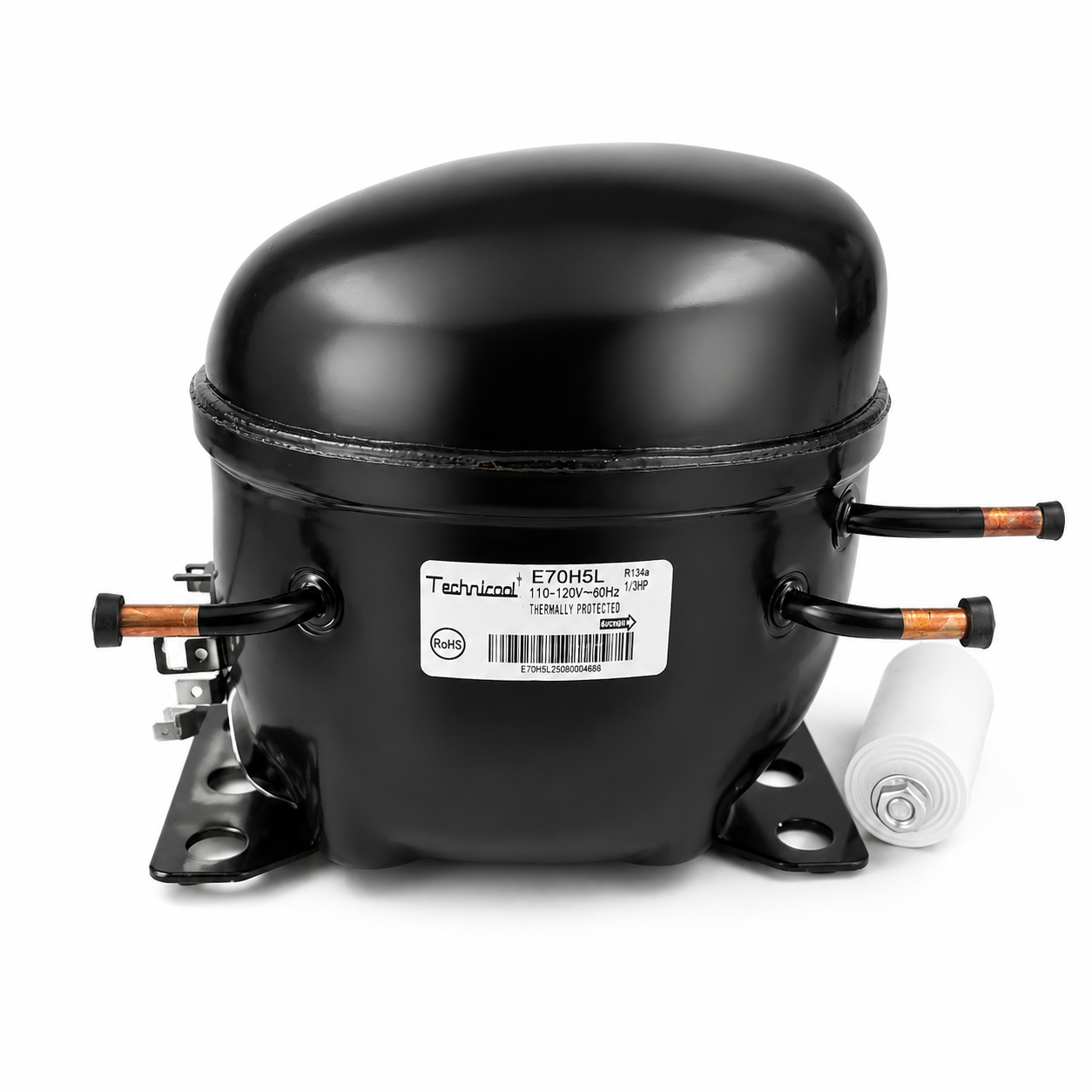 Compresor reciprocante Technicool 1/3 HP modelo E70H5L para refrigeración de baja temperatura con R-134a