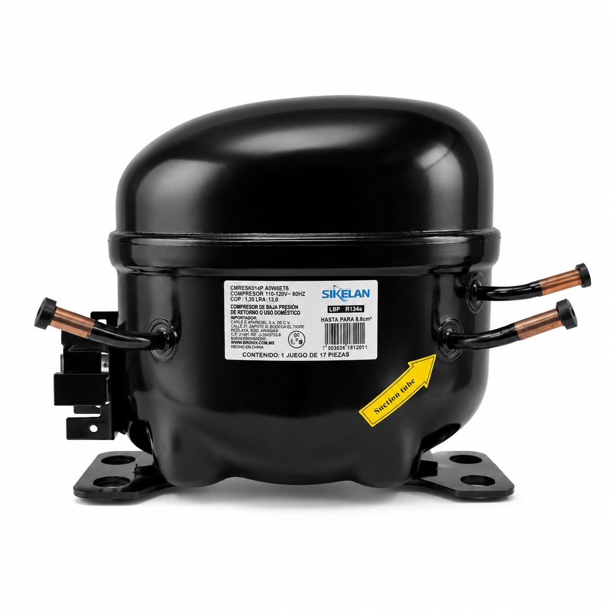 Compresor Sikelan R134a LBP de 1/4 HP con capacitor, relevador, gomas y herrajes de montaje