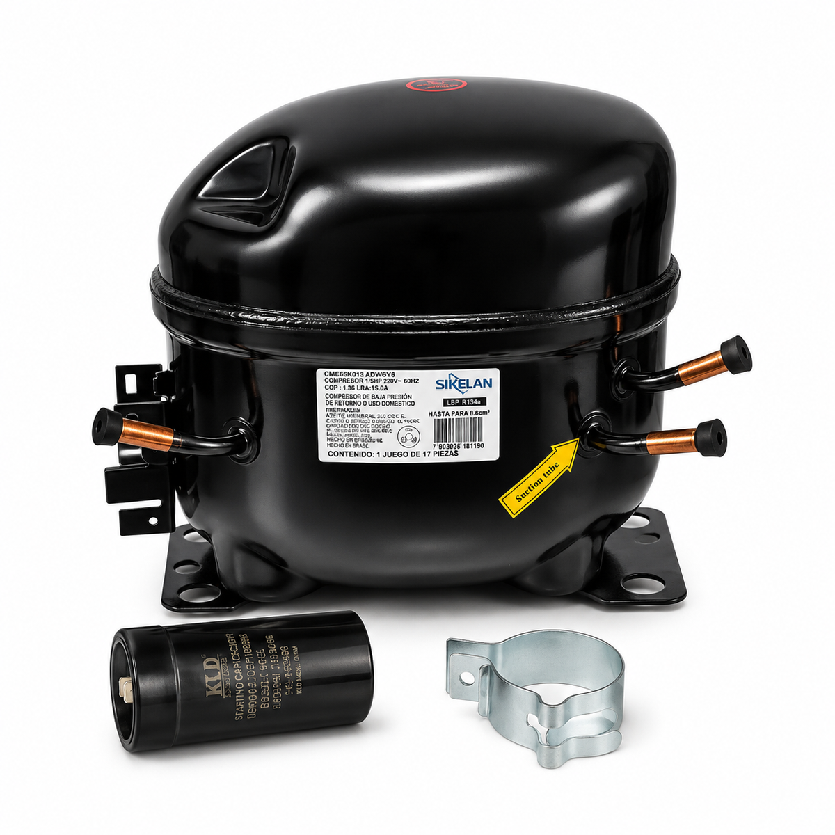 Compresor Sikelan R134a LBP de 1/3 HP con capacitor, relevador, gomas y herrajes de montaje