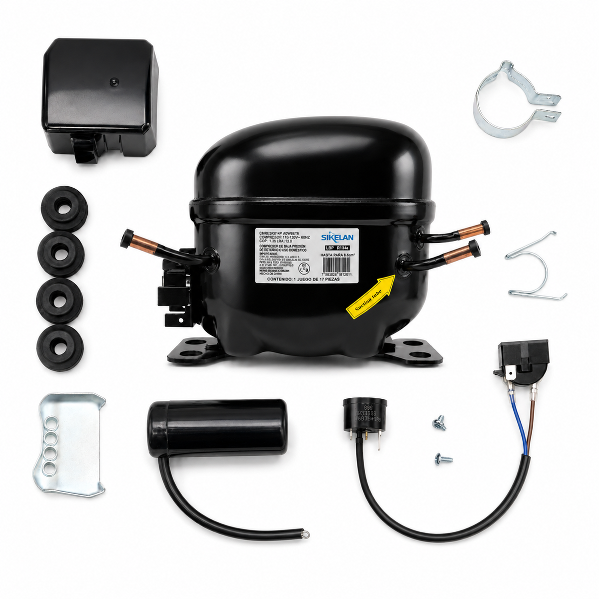 Compresor Sikelan R134a LBP de 1/4 HP con capacitor, relevador, gomas y herrajes de montaje