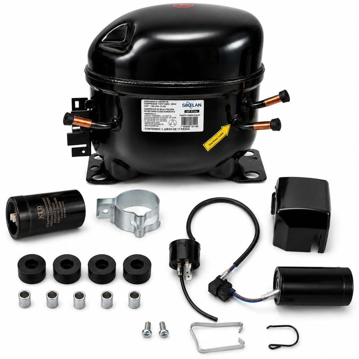 Compresor Sikelan R134a LBP de 1/3 HP con capacitor, relevador, gomas y herrajes de montaje