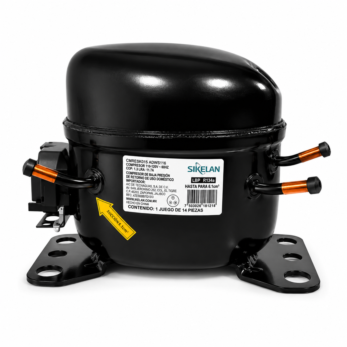 Compresor Sikelan R134a LBP de 1/5 HP con capacitor, relevador, gomas y herrajes de montaje