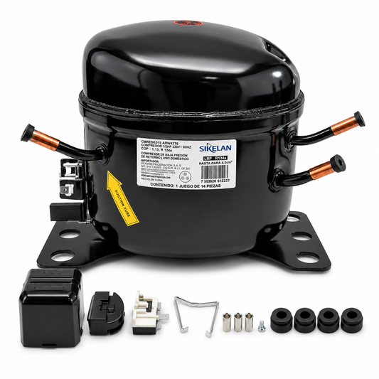 Compresor Sikelan R134a LBP de 1/5 HP con capacitor, relevador, gomas y herrajes de montaje