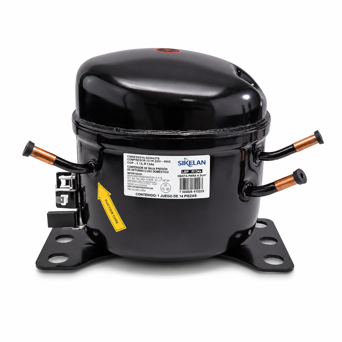 Compresor Sikelan R134a LBP de 1/6 HP con capacitor, relevador, gomas y herrajes de montaje