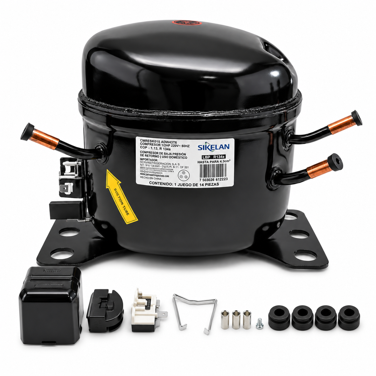 Compresor Sikelan R134a LBP de 1/6 HP con capacitor, relevador, gomas y herrajes de montaje