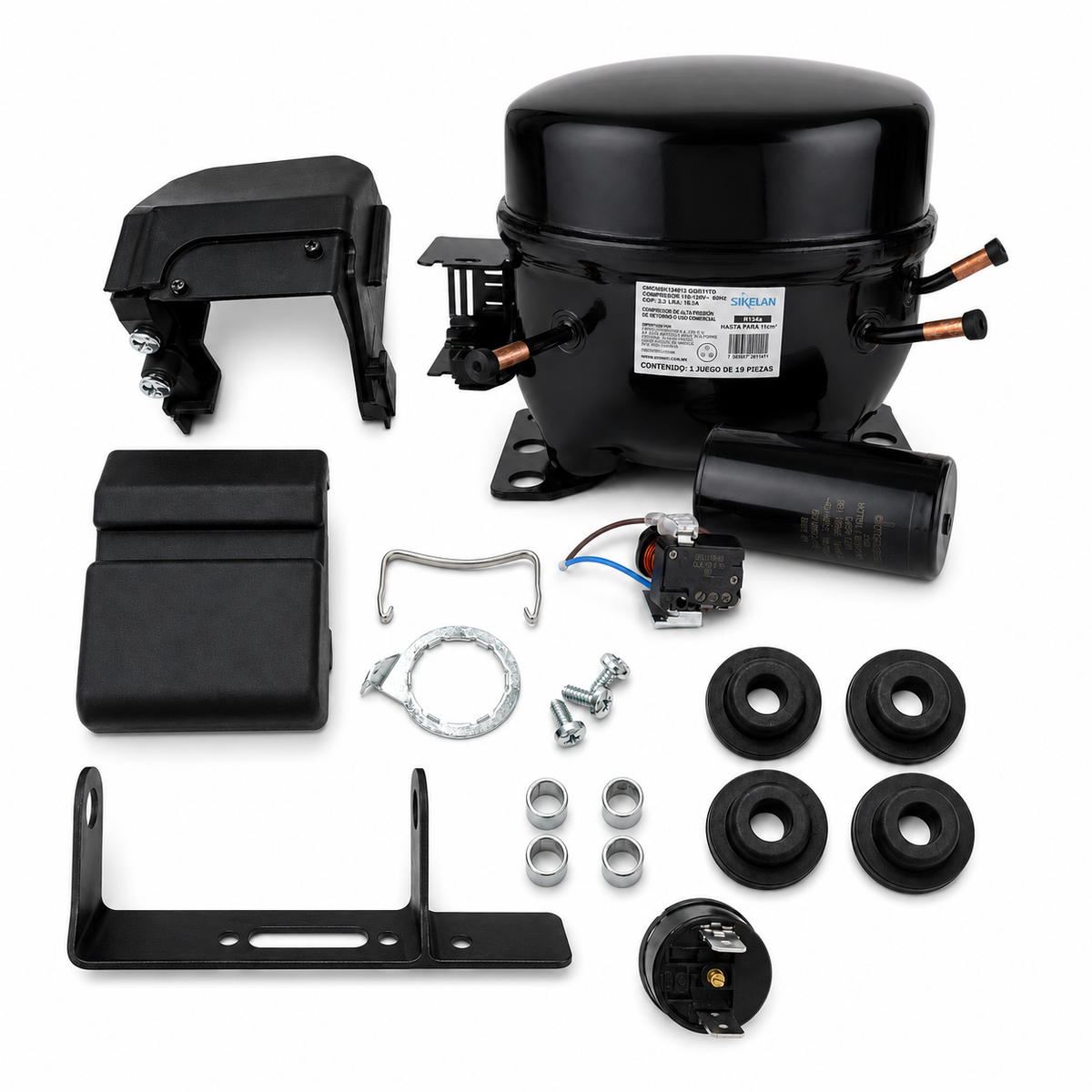 Compresor Sikelan R134a M/HBP de 1/3 HP con capacitor, relevador, gomas y herrajes de montaje