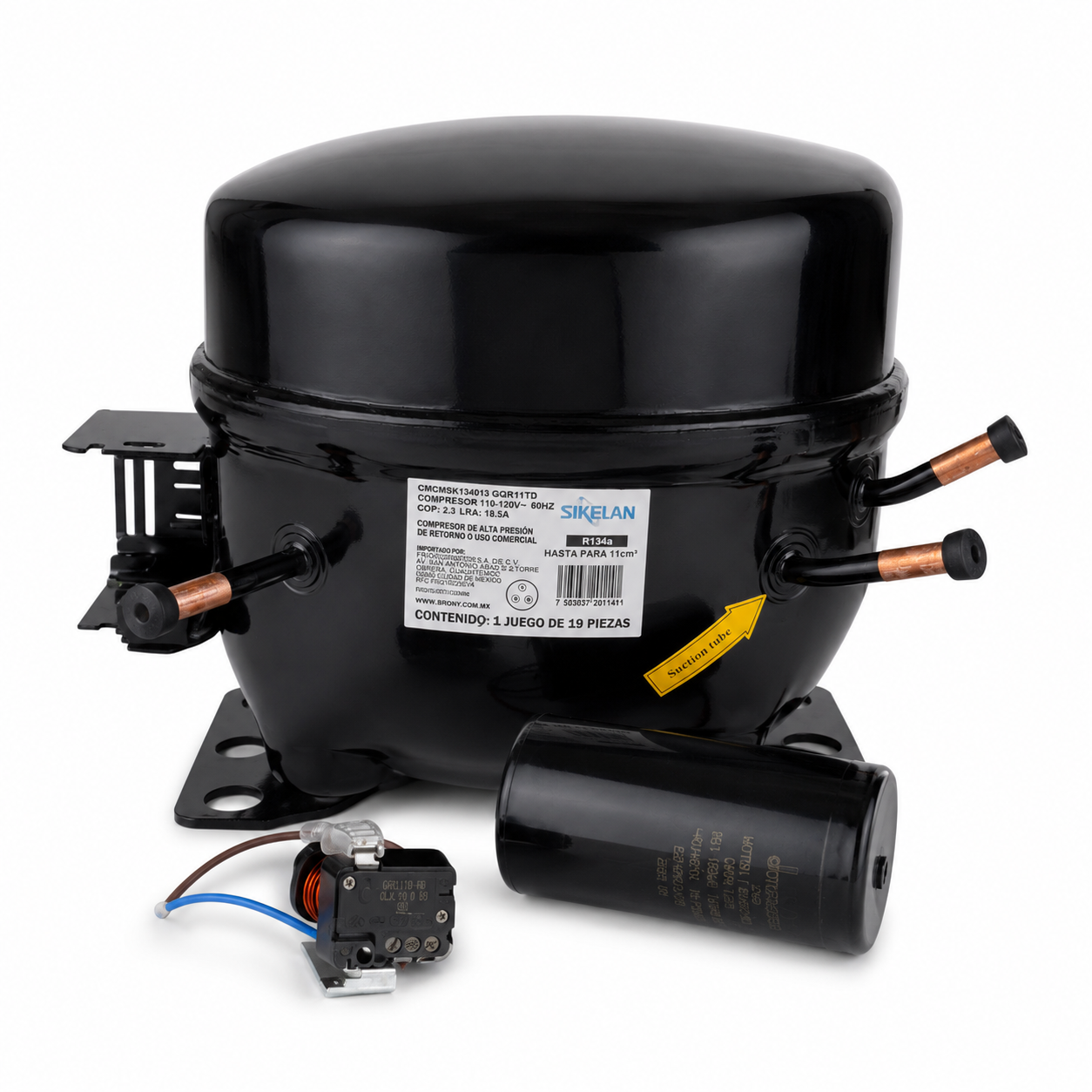 Compresor Sikelan R134a M/HBP de 1/3 HP con capacitor, relevador, gomas y herrajes de montaje