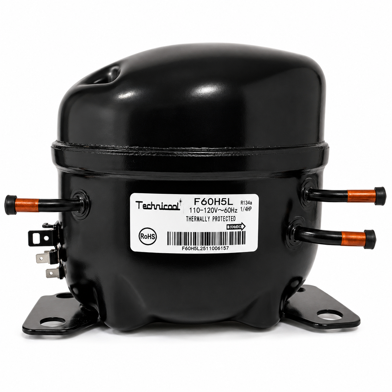 Compresor reciprocante Technicool F60H5L, 1/4 HP, 110-120V/60Hz, R-134a. Para refrigeración de baja temperatura. Solo 5.7 kg. Uso profesional.