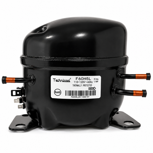 Compresor reciprocante Technicool F60H5L, 1/4 HP, 110-120V/60Hz, R-134a. Para refrigeración de baja temperatura. Solo 5.7 kg. Uso profesional.