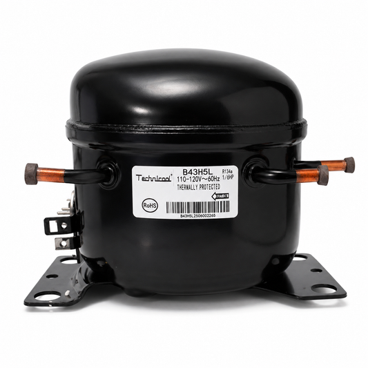 Compresor reciprocante Technicool B43H5L, 1/6 HP, 110-120V monofásico, R-134a. El más silencioso de la línea, solo 41 dB. Para refrigeración doméstica.