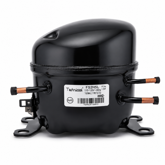Compresor reciprocante Technicool F52H5L, 1/5 HP, 110-120V monofásico, R-134a. El más eficiente de la línea, solo 135W. Para refrigeración doméstica.