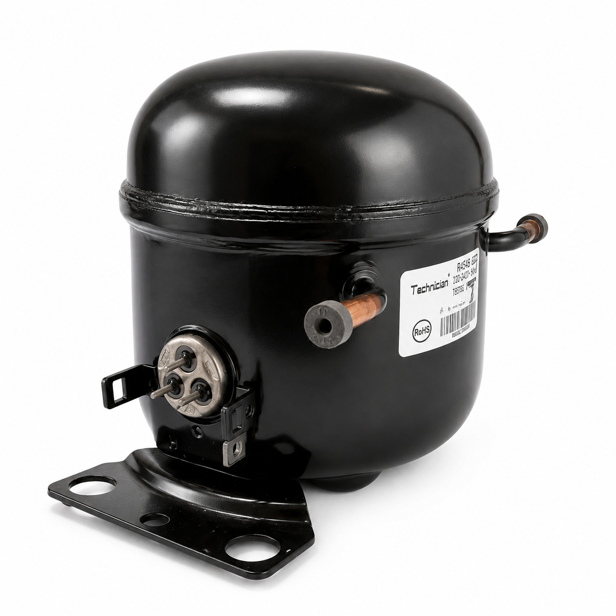 Compresor reciprocante Technicool B43H5L, 1/6 HP, 110-120V monofásico, R-134a. El más silencioso de la línea, solo 41 dB. Para refrigeración doméstica.