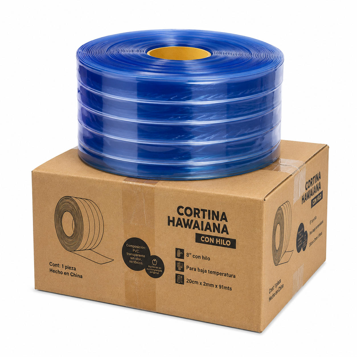 Cortina Hawaiana de PVC 8" con Hilo Transparente para baja temperatura